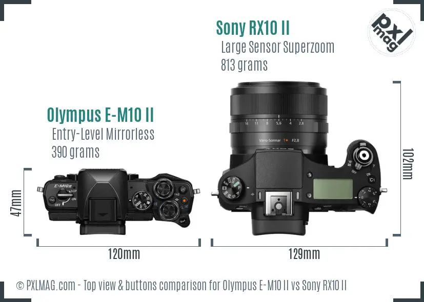 Olympus E-M10 II vs Sony RX10 II top view buttons comparison