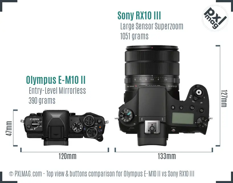 Olympus E-M10 II vs Sony RX10 III top view buttons comparison
