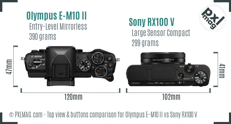 Olympus E-M10 II vs Sony RX100 V top view buttons comparison