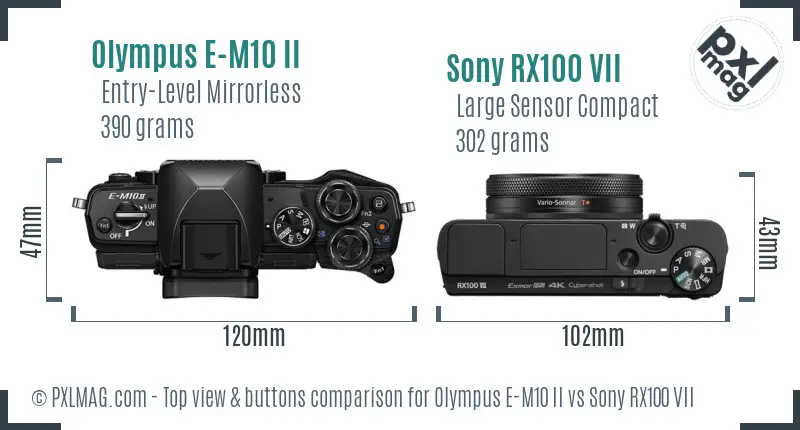 Olympus E-M10 II vs Sony RX100 VII top view buttons comparison Olympus E-M10 II vs Sony RX100 VII top view buttons comparison