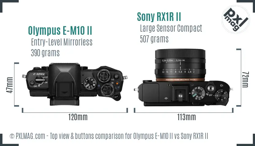 Olympus E-M10 II vs Sony RX1R II top view buttons comparison