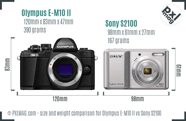 Olympus E-M10 II vs Sony S2100 size comparison Olympus E-M10 II vs Sony S2100 size comparison