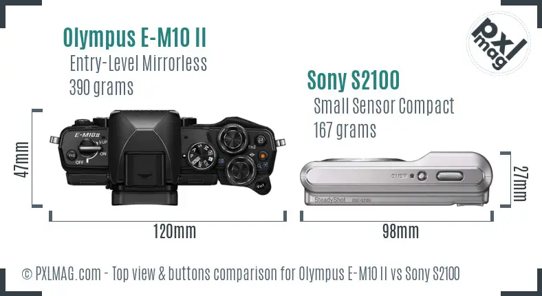 Olympus E-M10 II vs Sony S2100 top view buttons comparison Olympus E-M10 II vs Sony S2100 top view buttons comparison