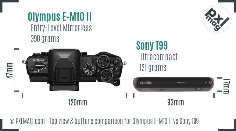 Olympus E-M10 II vs Sony T99 top view buttons comparison Olympus E-M10 II vs Sony T99 top view buttons comparison
