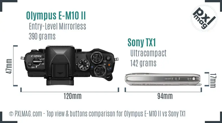 Olympus E-M10 II vs Sony TX1 top view buttons comparison