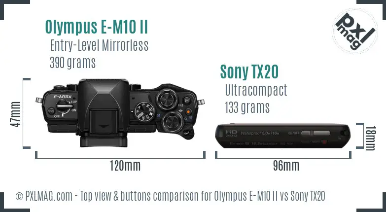 Olympus E-M10 II vs Sony TX20 top view buttons comparison