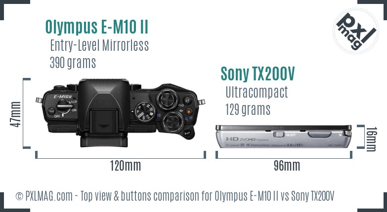 Olympus E-M10 II vs Sony TX200V top view buttons comparison