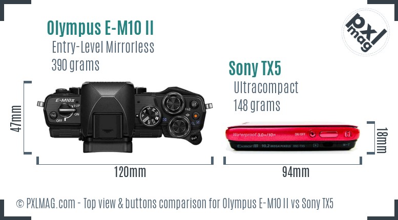 Olympus E-M10 II vs Sony TX5 top view buttons comparison