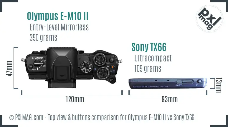 Olympus E-M10 II vs Sony TX66 top view buttons comparison Olympus E-M10 II vs Sony TX66 top view buttons comparison