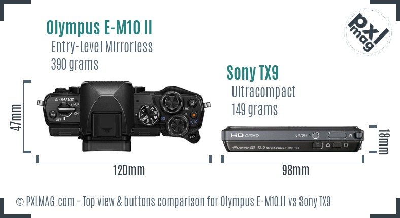Olympus E-M10 II vs Sony TX9 top view buttons comparison