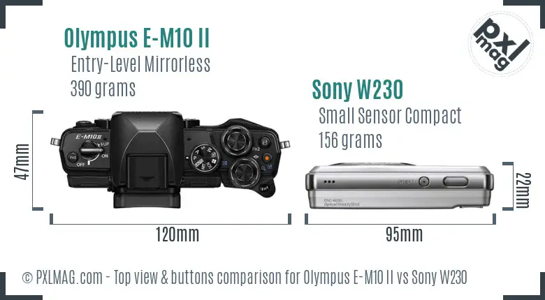 Olympus E-M10 II vs Sony W230 top view buttons comparison