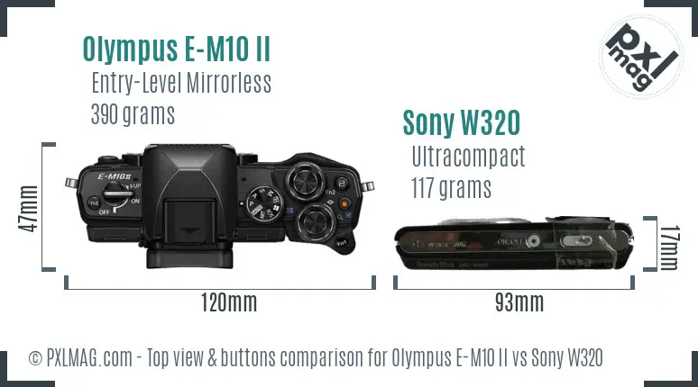 Olympus E-M10 II vs Sony W320 top view buttons comparison