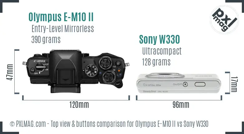 Olympus E-M10 II vs Sony W330 top view buttons comparison Olympus E-M10 II vs Sony W330 top view buttons comparison