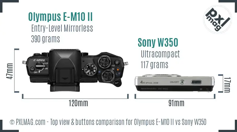 Olympus E-M10 II vs Sony W350 top view buttons comparison Olympus E-M10 II vs Sony W350 top view buttons comparison