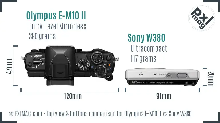 Olympus E-M10 II vs Sony W380 top view buttons comparison