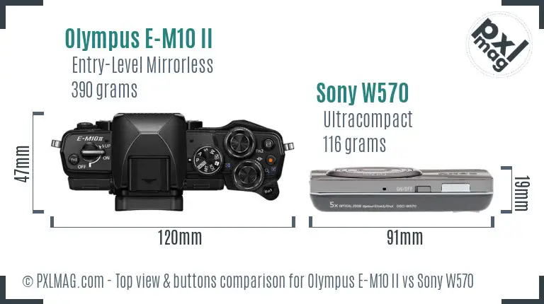 Olympus E-M10 II vs Sony W570 top view buttons comparison