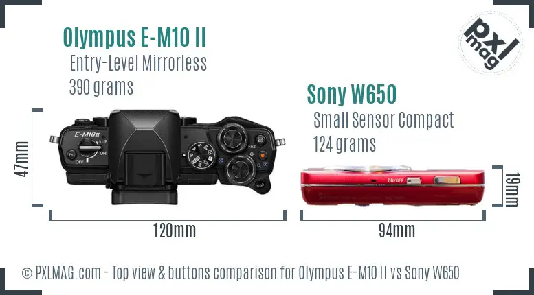 Olympus E-M10 II vs Sony W650 top view buttons comparison