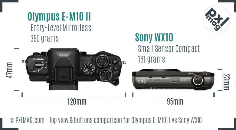 Olympus E-M10 II vs Sony WX10 top view buttons comparison