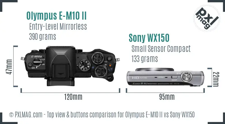 Olympus E-M10 II vs Sony WX150 top view buttons comparison