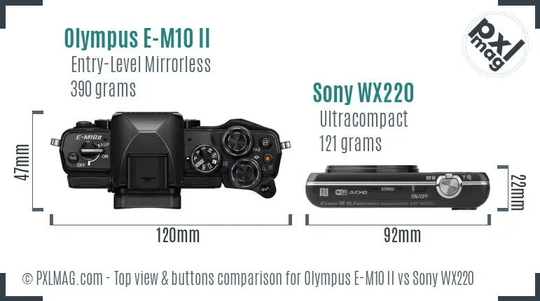 Olympus E-M10 II vs Sony WX220 top view buttons comparison