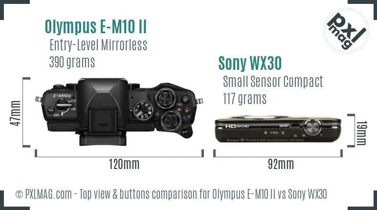 Olympus E-M10 II vs Sony WX30 top view buttons comparison