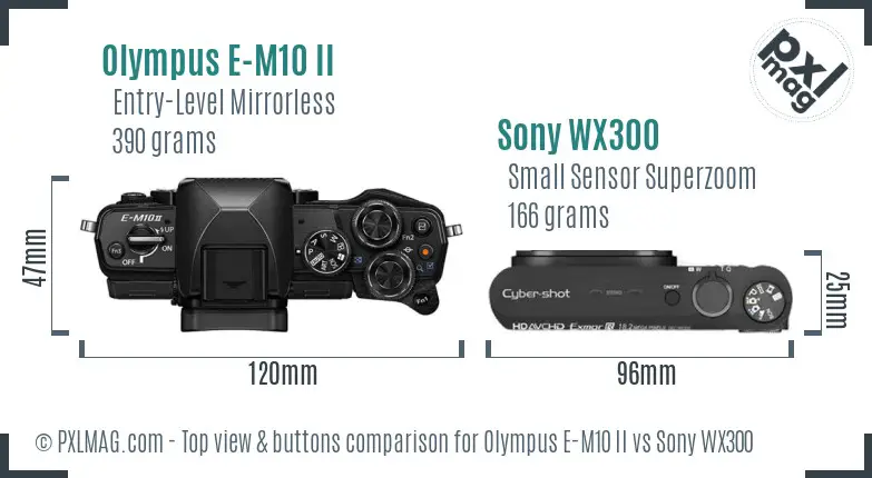 Olympus E-M10 II vs Sony WX300 top view buttons comparison Olympus E-M10 II vs Sony WX300 top view buttons comparison