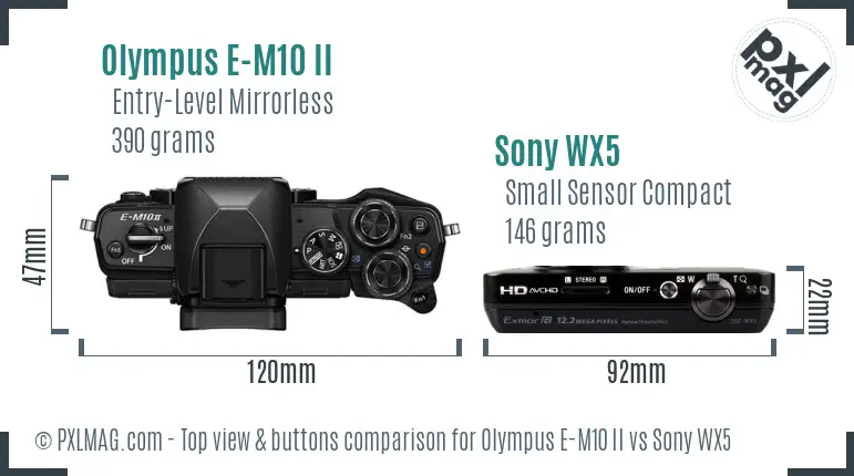 Olympus E-M10 II vs Sony WX5 top view buttons comparison