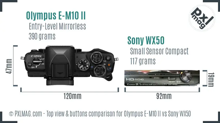 Olympus E-M10 II vs Sony WX50 top view buttons comparison