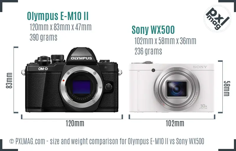 Olympus E-M10 II vs Sony WX500 size comparison Olympus E-M10 II vs Sony WX500 size comparison