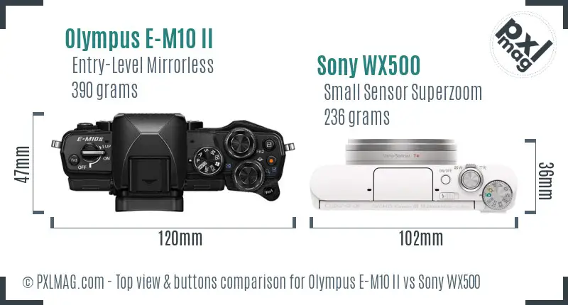 Olympus E-M10 II vs Sony WX500 top view buttons comparison Olympus E-M10 II vs Sony WX500 top view buttons comparison