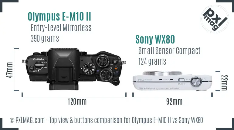 Olympus E-M10 II vs Sony WX80 top view buttons comparison