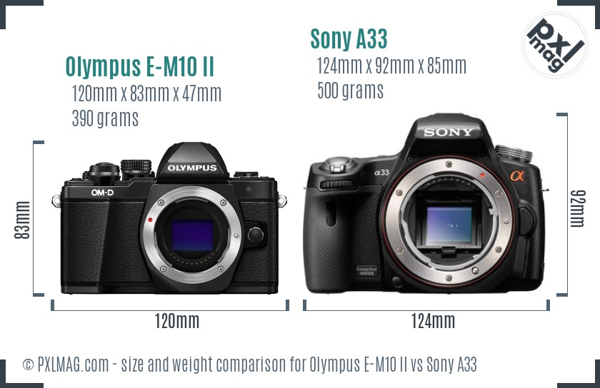 Olympus E-M10 II vs Sony A33 size comparison