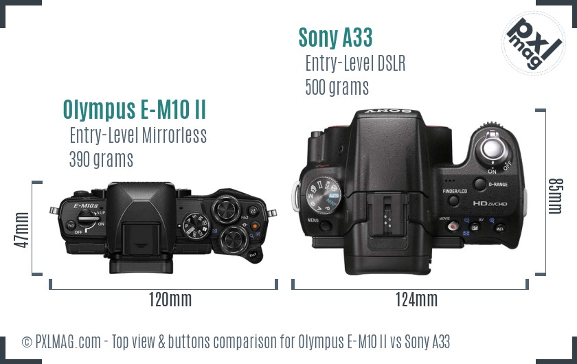 Olympus E-M10 II vs Sony A33 top view buttons comparison