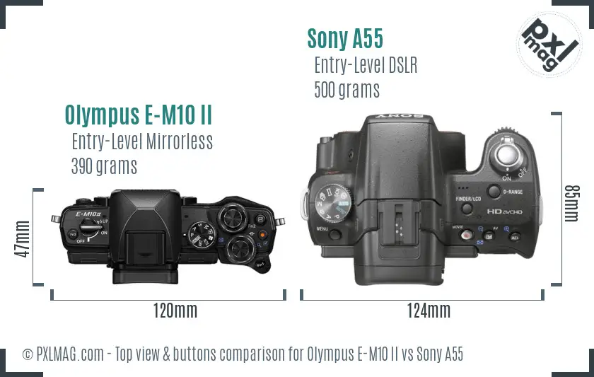 Olympus E-M10 II vs Sony A55 top view buttons comparison