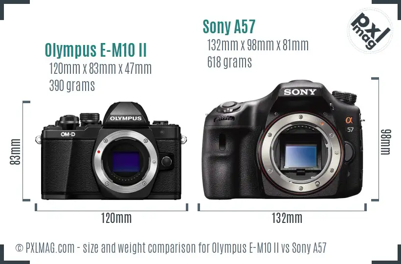 Olympus E-M10 II vs Sony A57 size comparison
