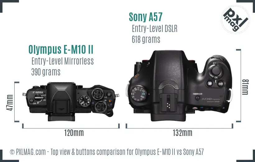 Olympus E-M10 II vs Sony A57 top view buttons comparison