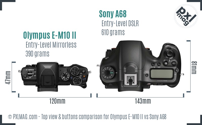 Olympus E-M10 II vs Sony A68 top view buttons comparison