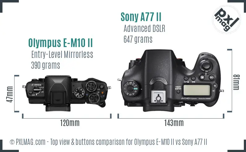 Olympus E-M10 II vs Sony A77 II top view buttons comparison Olympus E-M10 II vs Sony A77 II top view buttons comparison