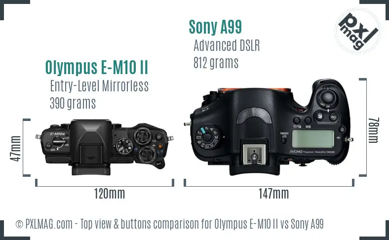 Olympus E-M10 II vs Sony A99 top view buttons comparison