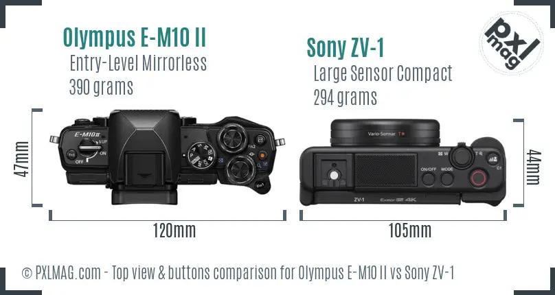 Olympus E-M10 II vs Sony ZV-1 top view buttons comparison Olympus E-M10 II vs Sony ZV-1 top view buttons comparison