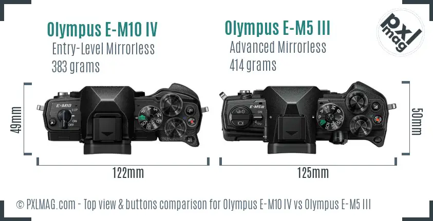 Olympus E-M10 IV vs Olympus E-M5 III top view buttons comparison