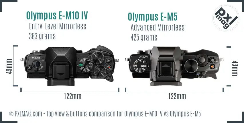 Olympus E-M10 IV vs Olympus E-M5 top view buttons comparison
