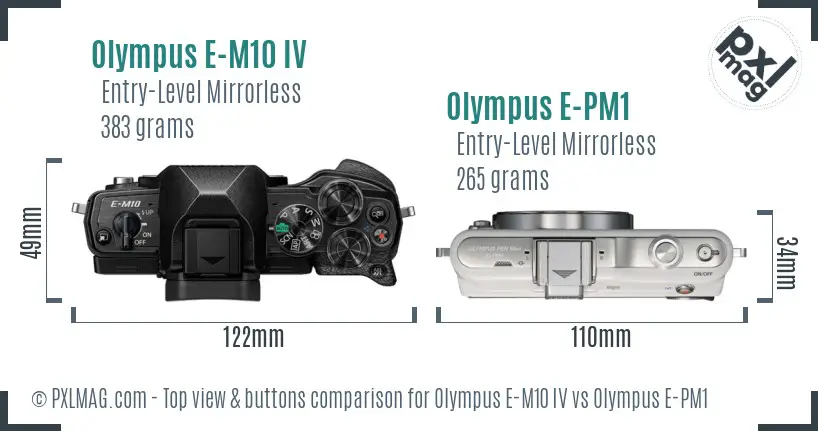 Olympus E-M10 IV vs Olympus E-PM1 top view buttons comparison
