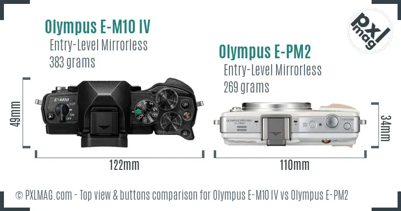 Olympus E-M10 IV vs Olympus E-PM2 top view buttons comparison