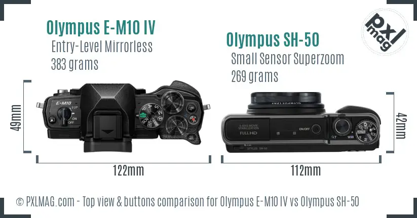 Olympus E-M10 IV vs Olympus SH-50 top view buttons comparison