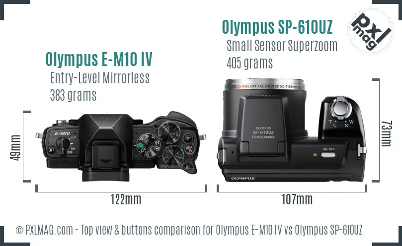 Olympus E-M10 IV vs Olympus SP-610UZ top view buttons comparison