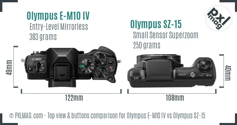 Olympus E-M10 IV vs Olympus SZ-15 top view buttons comparison