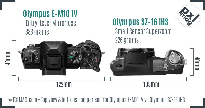 Olympus E-M10 IV vs Olympus SZ-16 iHS top view buttons comparison