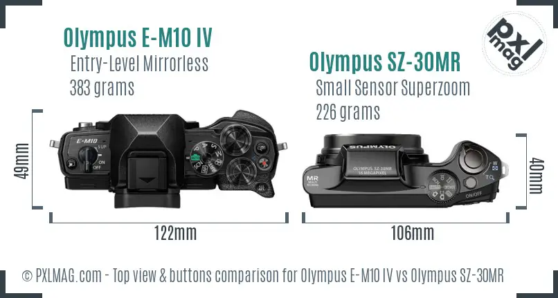 Olympus E-M10 IV vs Olympus SZ-30MR top view buttons comparison