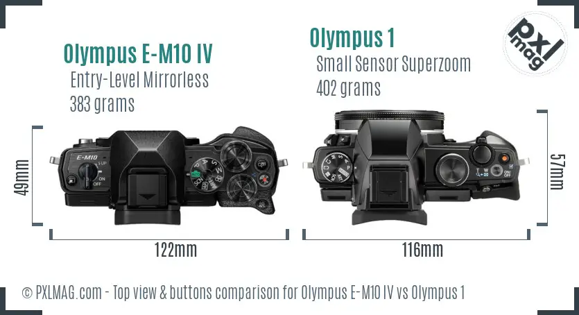Olympus E-M10 IV vs Olympus 1 top view buttons comparison